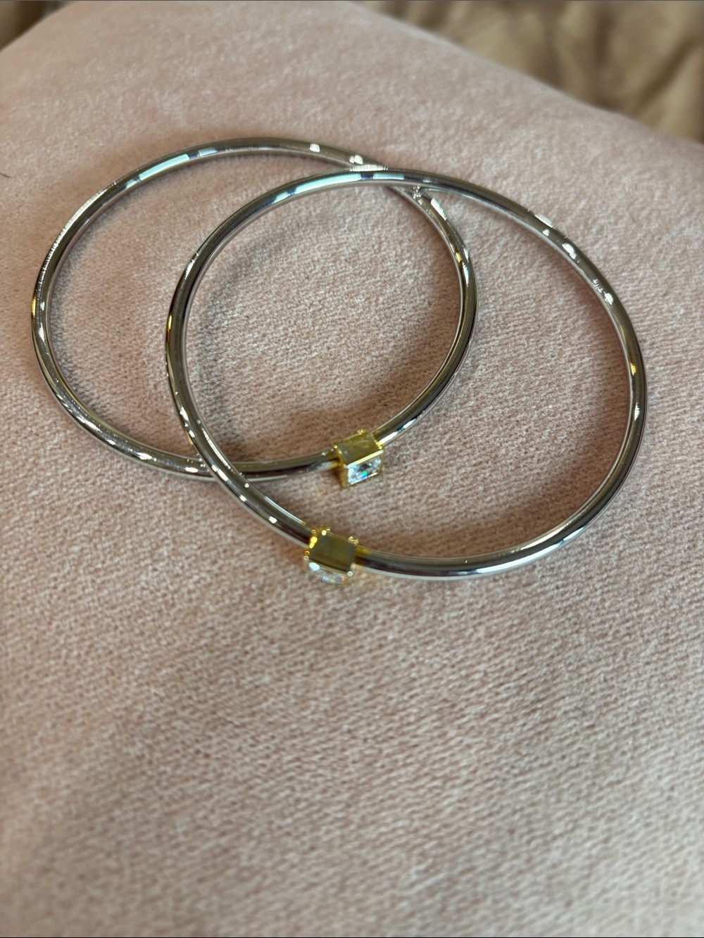 Two-Tone Silver and Gold Square Stone Bangle Bracelets set of 2 - Women Jewelry - Picture 7 of 9